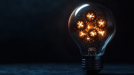 A lightbulb with glowing gears inside, symbolizing the fusion of bright ideas, innovation, and strategic thinking