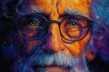 whimsical portrait of a wise elder composed of swirling brush strokes twinkling eyes and laugh lines convey joy and wisdom vibrant colors blend to create a sense of energy and vitality