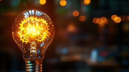 A lightbulb with glowing gears inside, symbolizing the fusion of bright ideas, innovation, and strategic thinking