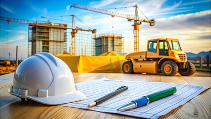 A close-up shot of a blueprints spreadsheet with a pen and hard hat on top, surrounded by construction equipment and machinery in the background.