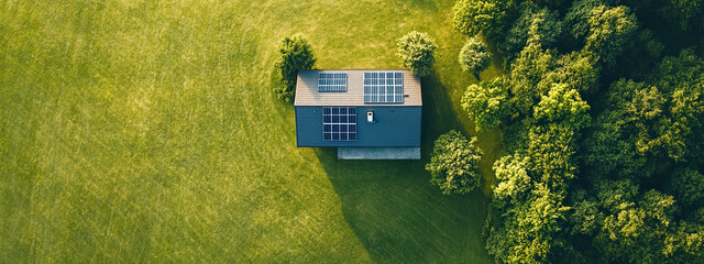 Aerial top view of a house with solar panels on the roof in green surroundings