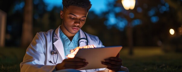 Dedicated Medical Student Reviewing Notes on Tablet During Late-Night Study Session