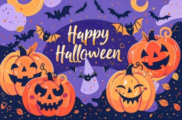 Halloween concept banner, Halloween background, Halloween flyers, pumpkin, bats,  blue background