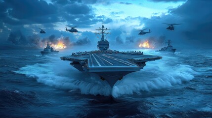 Explosions erupt around a massive battleship, while small boats and helicopters maneuver in a tropical bay, showcasing a powerful naval battle in vivid detail