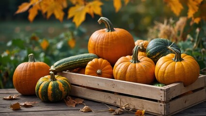 Pumpkins and vegetable marrows in wooden box on autumn background, vegetable marrows, Thanksgiving Day, decor, garden, pumpkins
