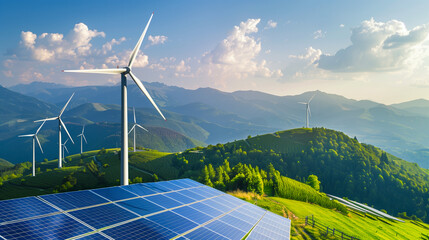 Solar farm, Solar cells panels and wind turbines for electricity alternative renewable energy on...