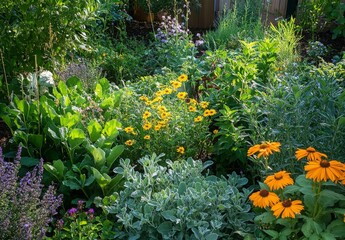 A lush backyard garden with various flowers, herbs, and vegetables thriving under the summer sun