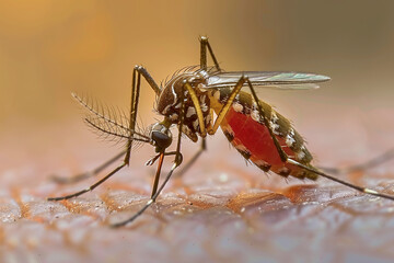 Naklejka premium Dengue hemorrhagic fever, aedes mosquito sucking human blood on skin.