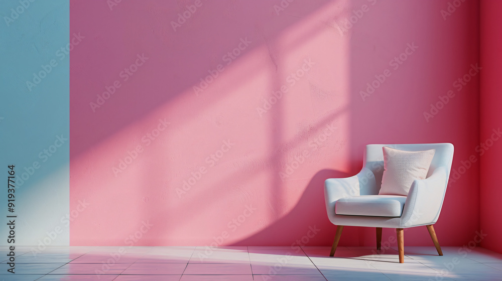 Poster sunlight casting shadows from a window on a pink wall in a room with a white armchair