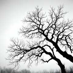 Leafless Oak tree branches silhouette. Black and white. Natural oak tree branches silhouette on a white background. Silhouettes of a dark gloomy forest with textured trees on a gray white background.