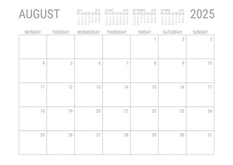 August Calendar 2025 Monthly Planner Printable A4 Monday Start	