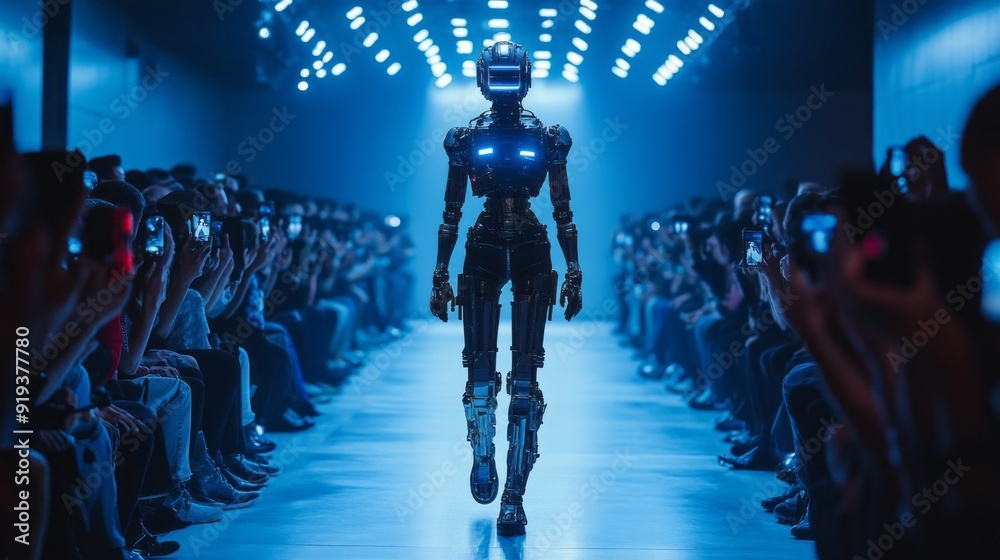 Aufkleber a robot walks down a runway in front of a crowd of people