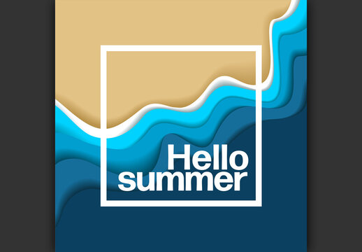 Hello summer invitation banner poster template with papercut sea beach effect