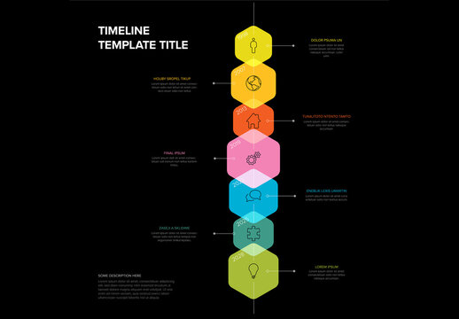 Rainbow color vertical hexagons on the time line - multipurpose dark infographic timeline template