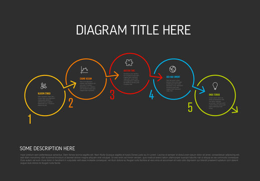 Dark five circle steps template with icons big numbers and description