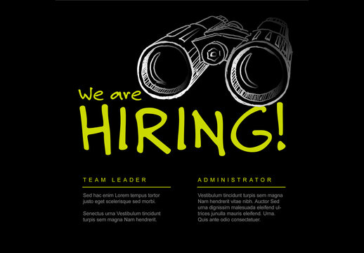 Company hiring poster with handdrawn binoculars illustration dark version