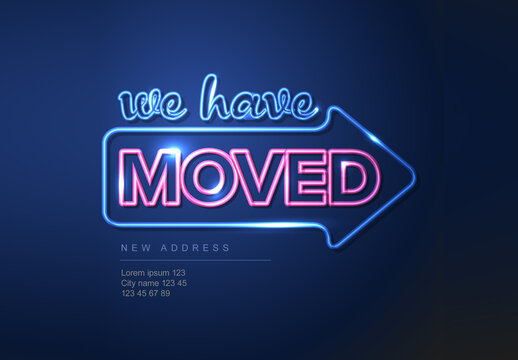 We are moving minimalistic neon blue flyer template with big arrow