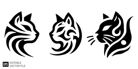 Obraz premium set of tribal flame cat head tattoo Graphic Design Elements Vector Silhouette Clip Art Black and White Illustrations