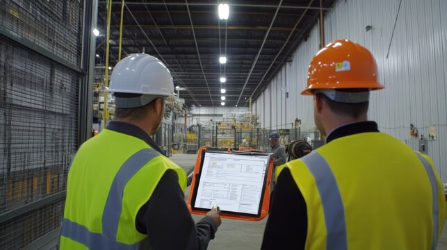 Generate a photo realistic image of workers conducting a mock safety inspection, with inspection checklist, hazard identification, and safety inspection report documentation visible