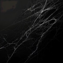White spider webs against a dark, black background