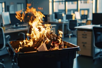 Burning papers in a trash bin in an office, creating chaos. Conceptual image for stress. Dramatic and intense visual style. Represents urgent situations in workplace. Generative AI