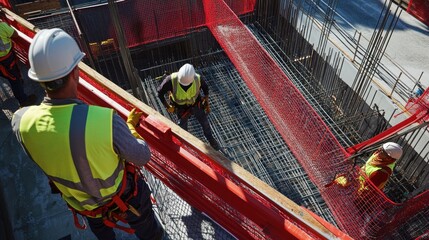 Generate a photo realistic image of workers deploying safety equipment such as guardrails, safety nets, and fall protection systems at a construction site; ensure the image is of high resolution 