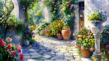 Obraz premium Lush watercolor of a courtyard garden, vibrant flowers, stone pathways, soft sunlight ,Ultra-High Detail, Ultra-Realistic