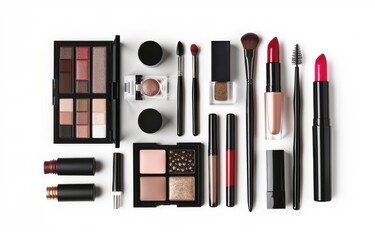 Makeup collection: lipstick, eye shadow, nail polish on white background.