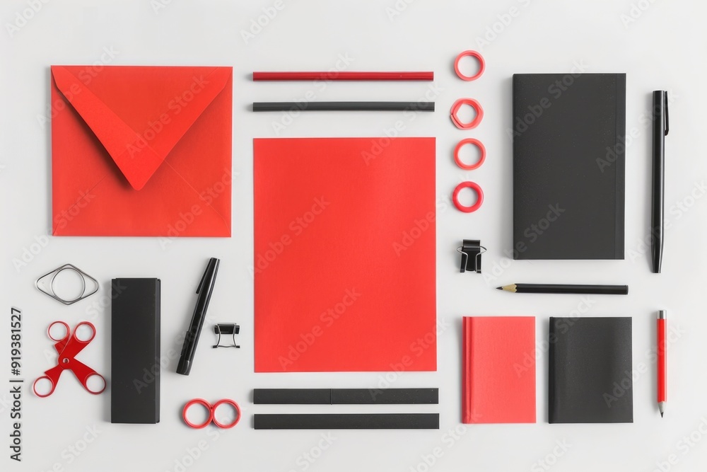 Poster a collection of office essentials arranged neatly on a white surface