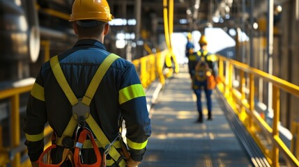 Generate a photo realistic image of workers following confined space entry procedures, with confined space entry permit, ventilation equipment, and safety harnesses visible