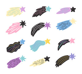 Colorful bright falling stars with tails set