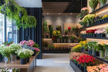 Warm sunlight bathes a cozy floral boutique interior, showcasing a variety of fresh flowers and plants on wooden shelves and displays..