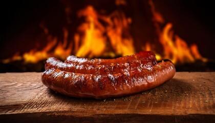 Linguiça assada e suculenta em cima de uma mesa de madeira