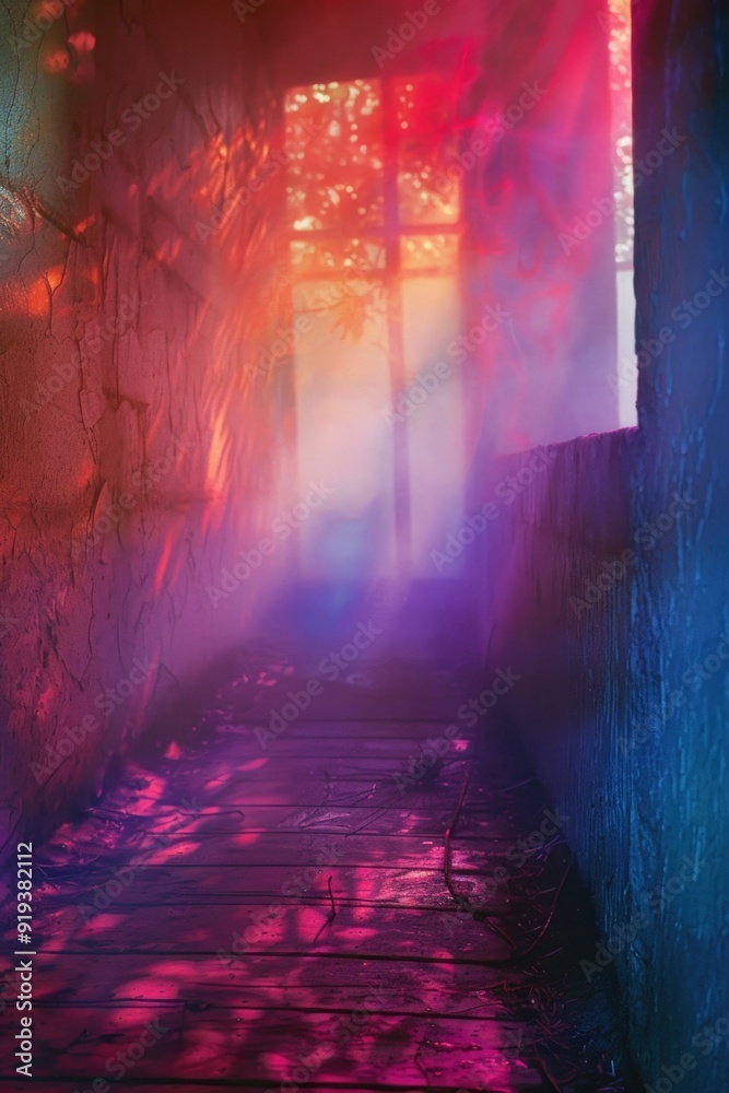 Poster a hallway with a beam of sunlight entering through the window