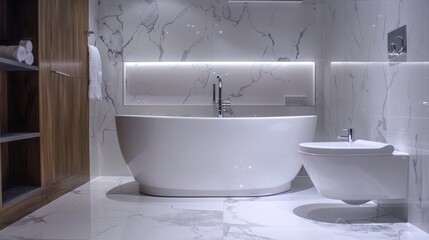 Interior details of luxurious modern bathroom with bathtub, toilet and bidet.