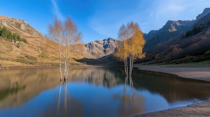 Obraz premium A tranquil lake reflects autumn colors as sunlight illuminates birch leaves, creating a peaceful atmosphere with mountains in the background