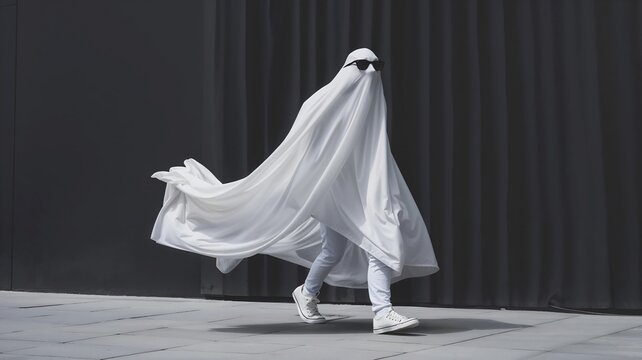 A person dressed as a ghost, wearing a flowing white sheet and sunglasses, walks confidently across a gray urban backdrop