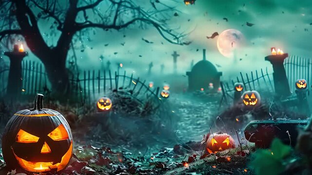 A row of glowing jack-o'-lanterns in a foggy graveyard, with a spooky castle in the background.