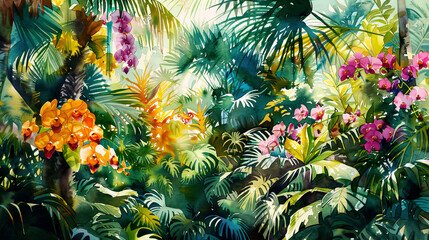 Lush watercolor of a tropical garden, vibrant orchids, palm trees, colorful foliage, bright sunlight