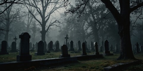 Background with faded gravestones and a light mist effect, using minimalistic design and a dark gradient to evoke a mysterious and Halloween graveyard
