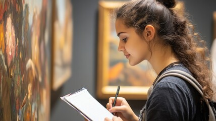 A young girl taking notes attentively in an art gallery, surrounded by paintings. - Powered by Adobe