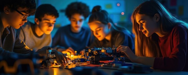 Students building and programming robots during a hands-on class.