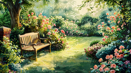 Picturesque watercolor of a traditional English garden, lush greenery, roses in full bloom, wooden garden bench, golden hour light