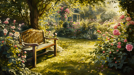 Picturesque watercolor of a traditional English garden, lush greenery, roses in full bloom, wooden garden bench, golden hour light