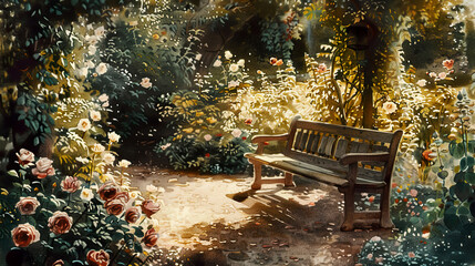 Picturesque watercolor of a traditional English garden, lush greenery, roses in full bloom, wooden garden bench, golden hour light