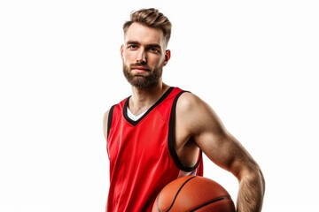 Young male basketball player holding a basketball in red jersey. Athletic man with beard posing confidently. Suitable for sports promotion, fitness content, and dynamic concepts. AI.