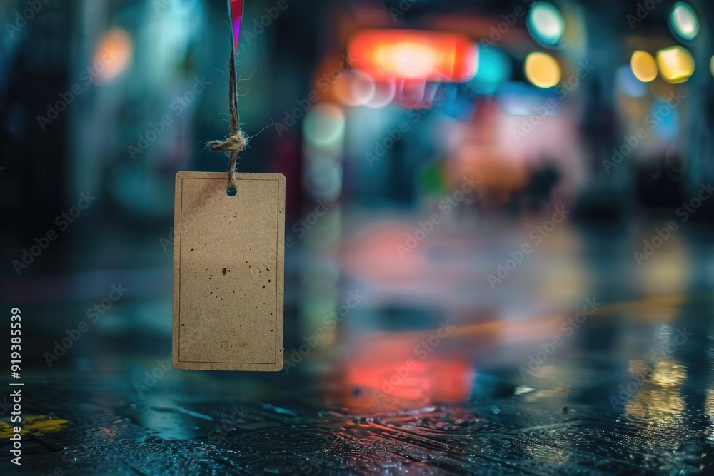 Poster A tag hanging from a string on a wet surface, great for use in photography or design projects where a subtle detail is needed