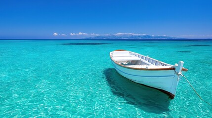 Naklejka premium A tiny white vessel bobbing atop azure waves beside a beach of sparkling turquoise sea water