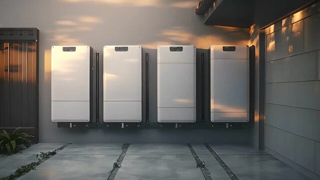 Four large white battery storage units mounted on a concrete wall outside a modern home. 