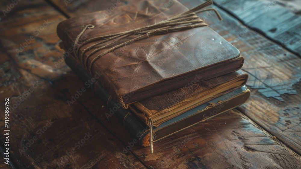 Aufkleber stack of books resting on a wooden table